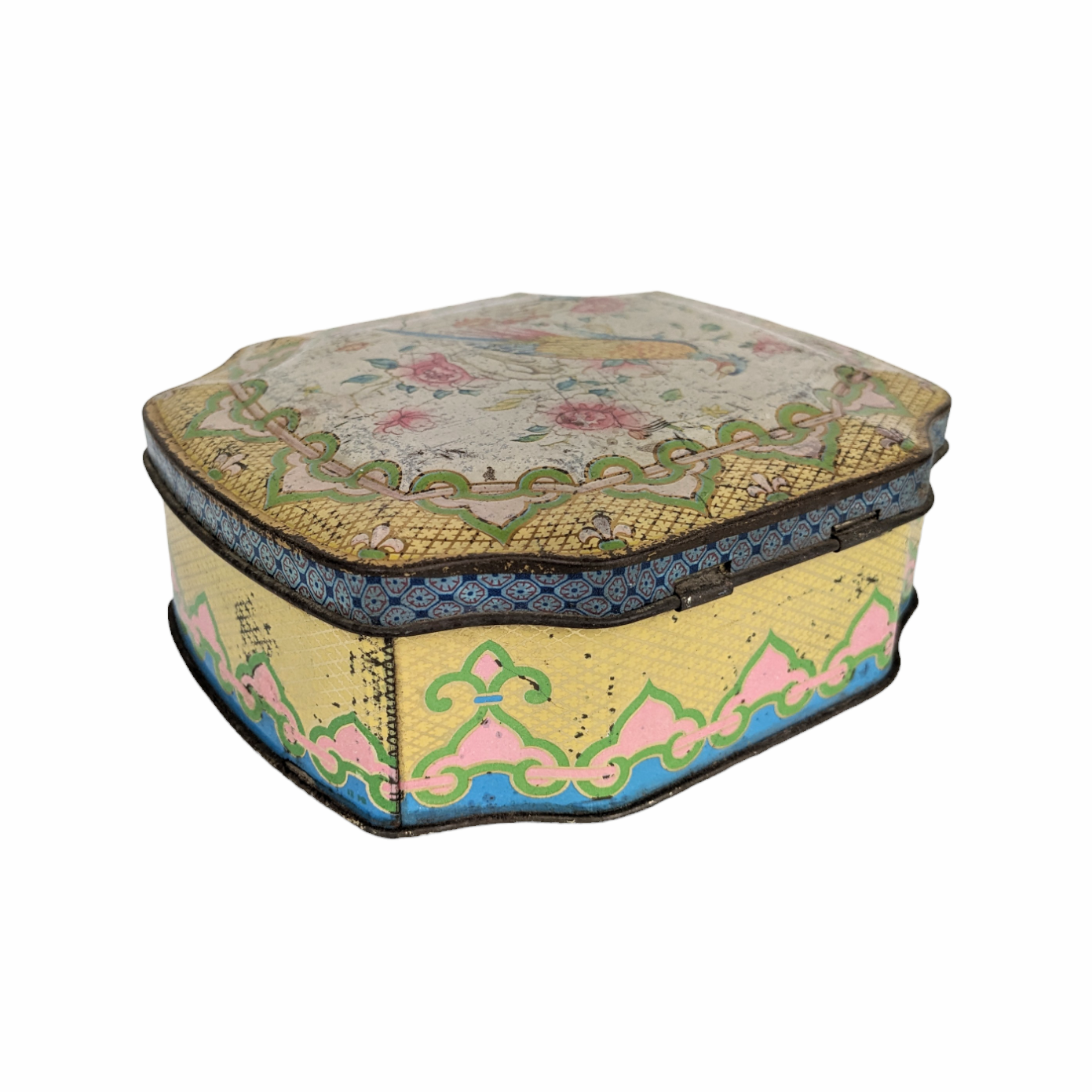 Boîte en fer paon et fleurs