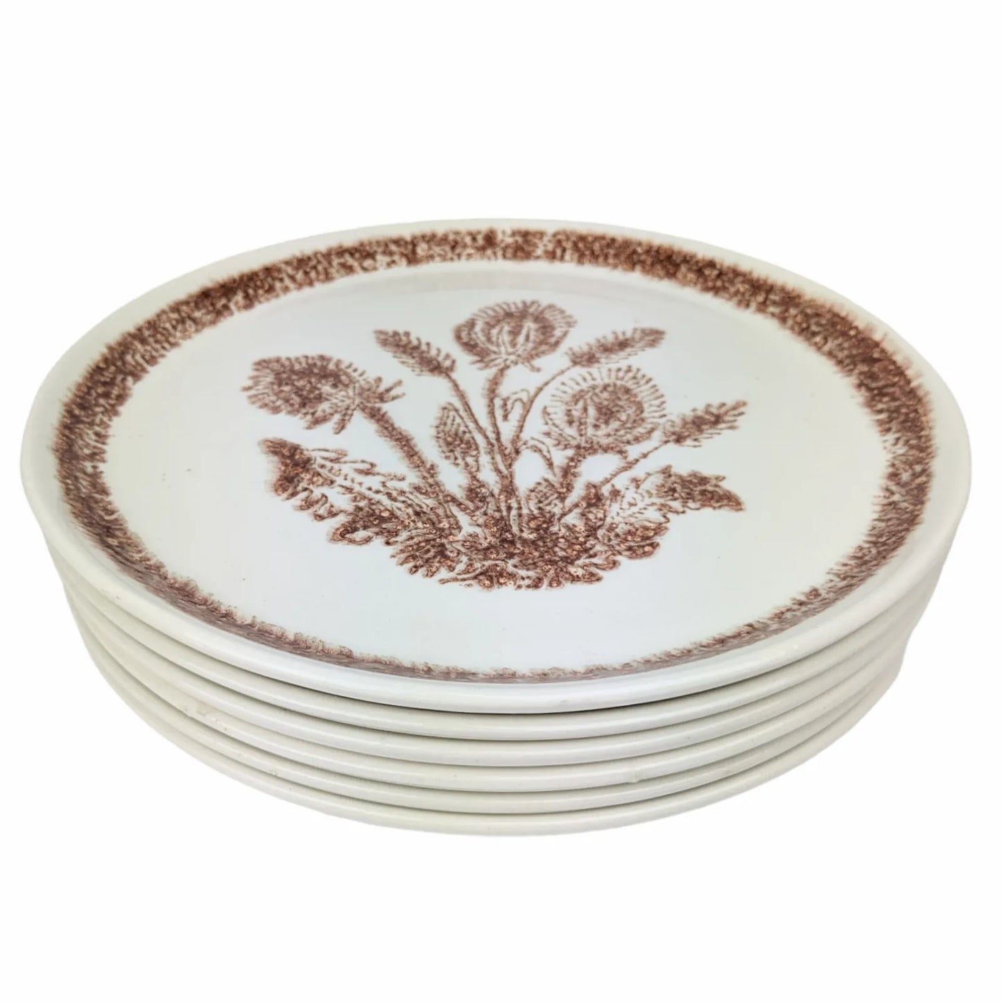 Pile d’assiettes vintage en faïence blanche avec motif botanique chardon brun