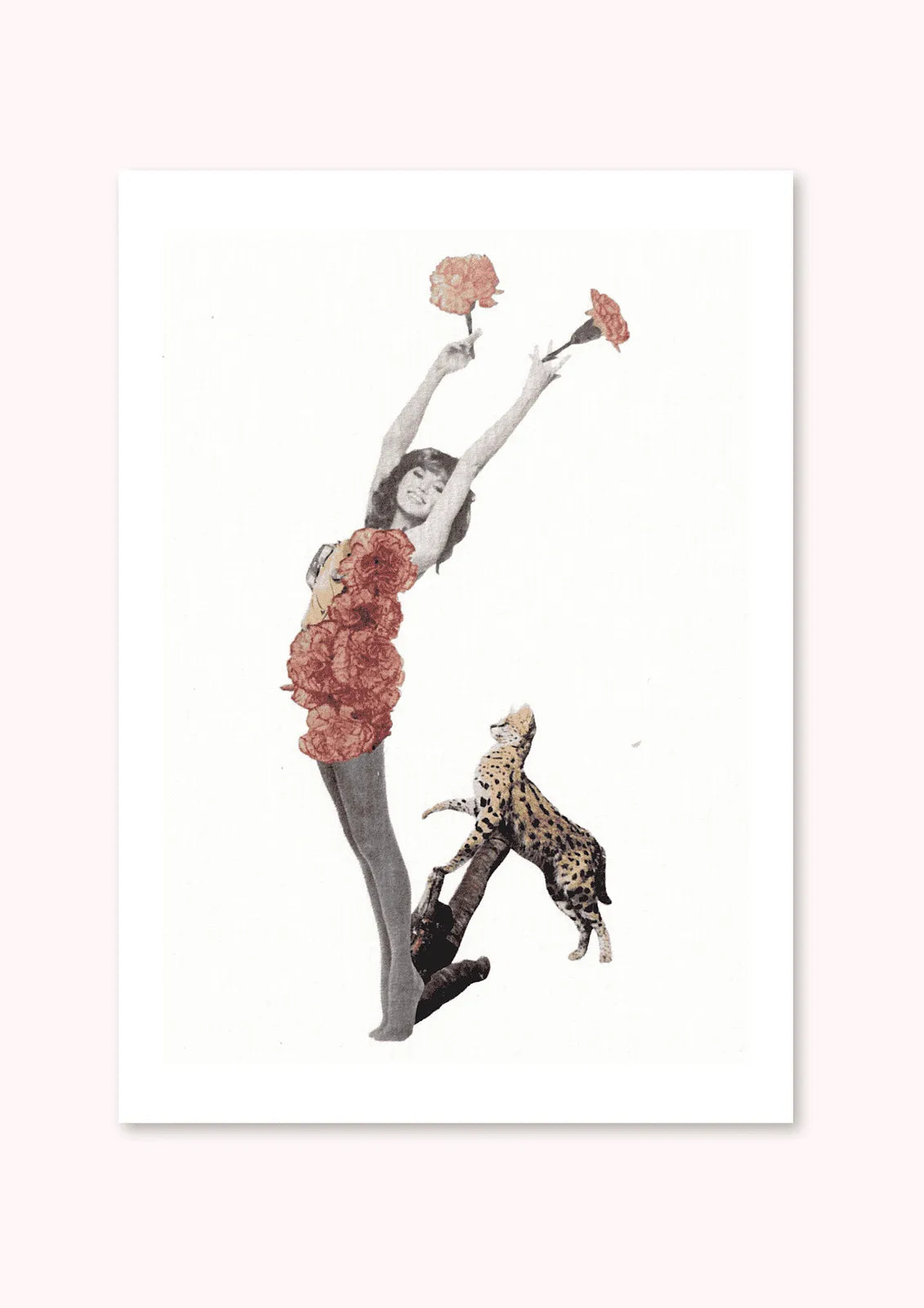 Carte collage vintage Dancing with Myself – femme en fleurs rouges levant les bras, léopard en mouvement, illustration artistique sur fond blanc