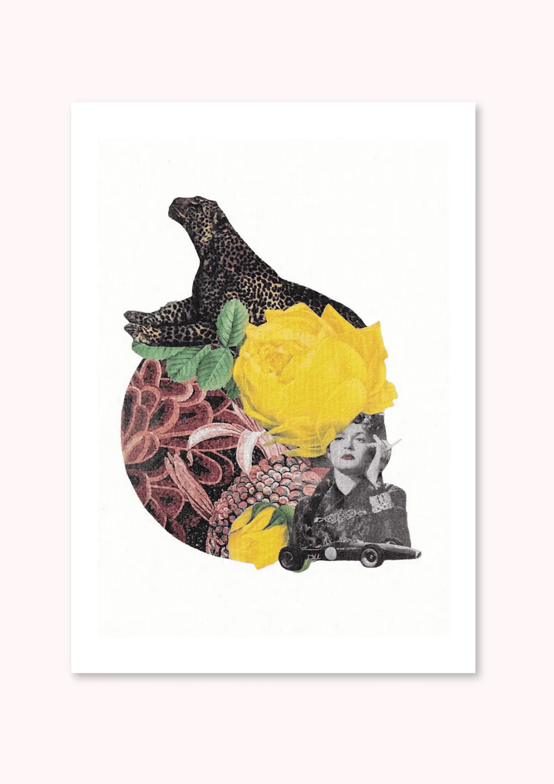 Carte reproduction collage artistique léopard, rose jaune et silhouette rétro Pistacchio.illu
