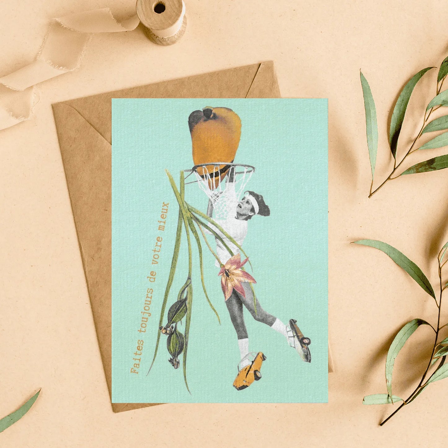 Carte postale citation « Faites toujours de votre mieux » style vintage avec illustration rétro fond vert – idée cadeau développement personnel et décoration murale.