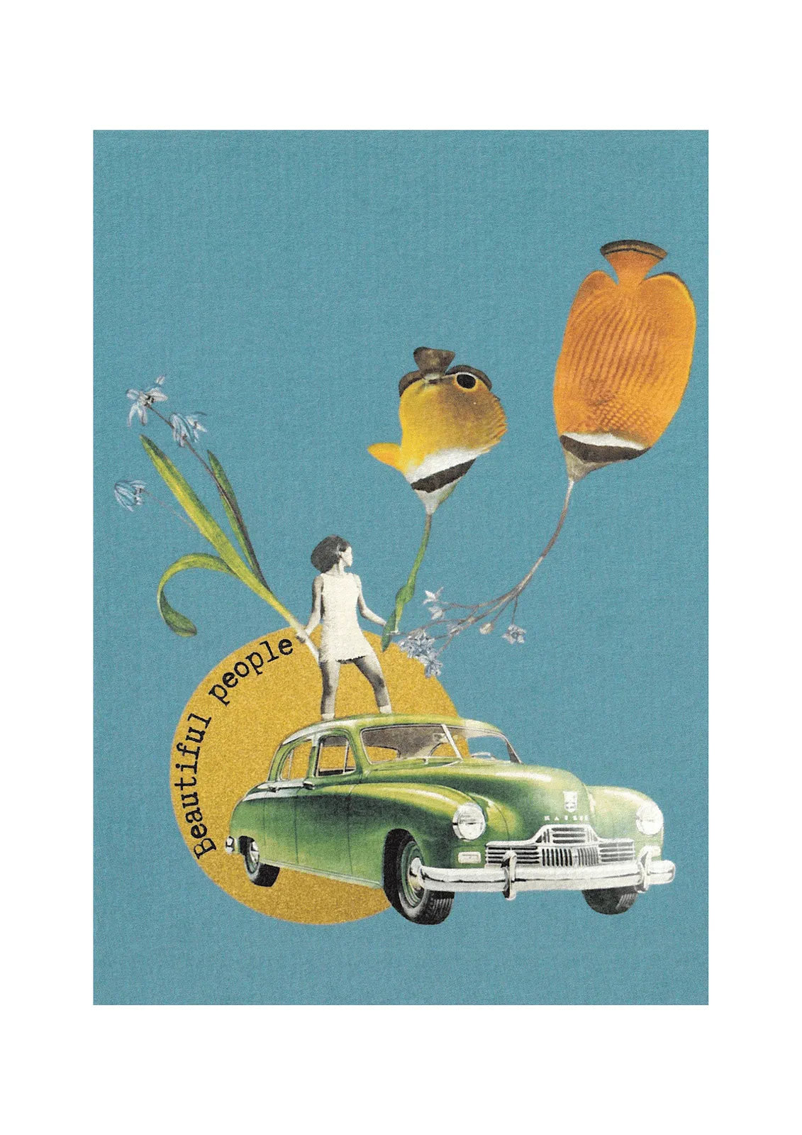 Affiche carte postale rétro « Beautiful people » fond bleu avec illustration vintage voiture ancienne et scène surréaliste, décoration murale.