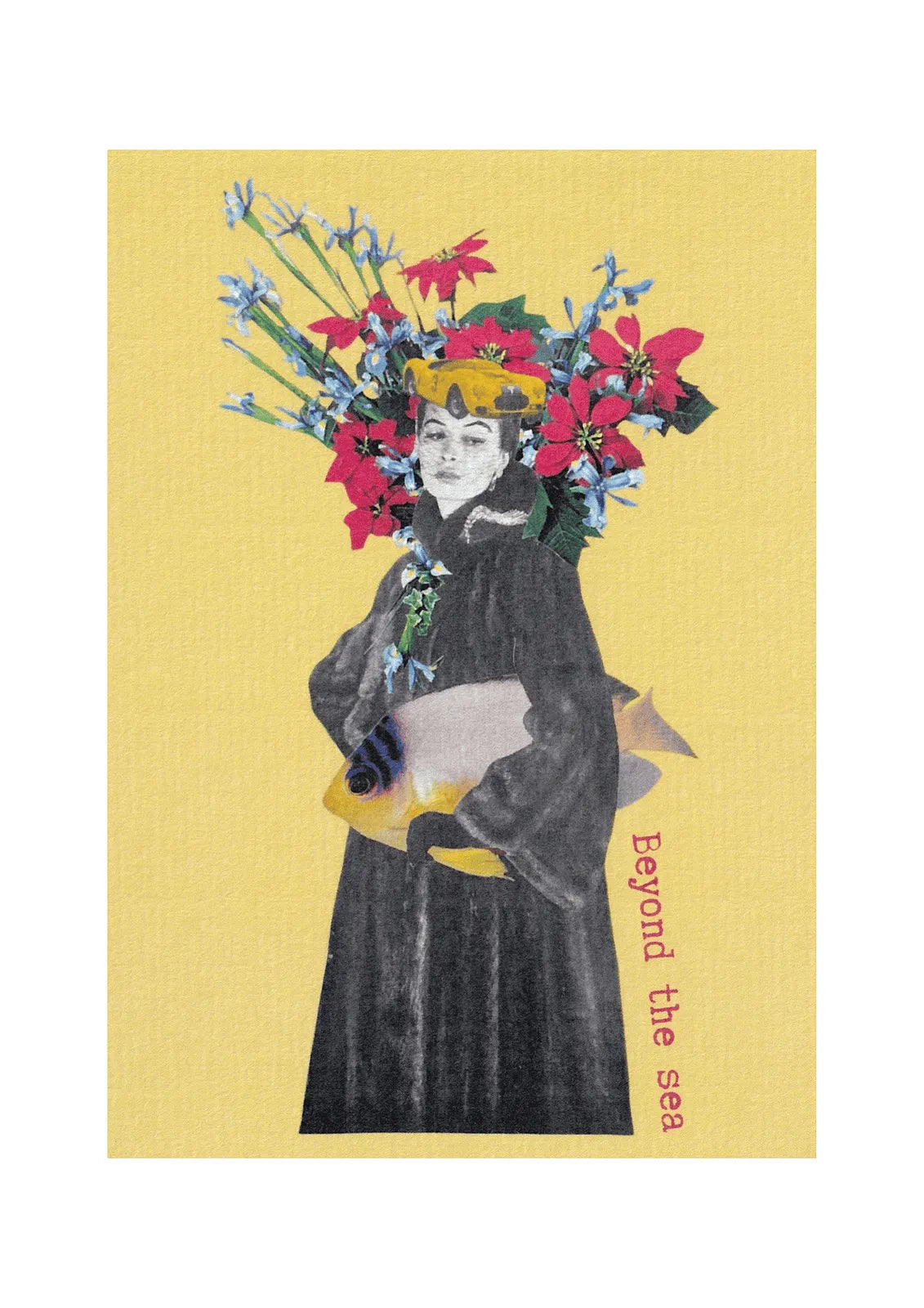 Affiche carte postale rétro « Beyond the sea » fond jaune avec illustration vintage femme et fleurs colorées, décoration murale.
