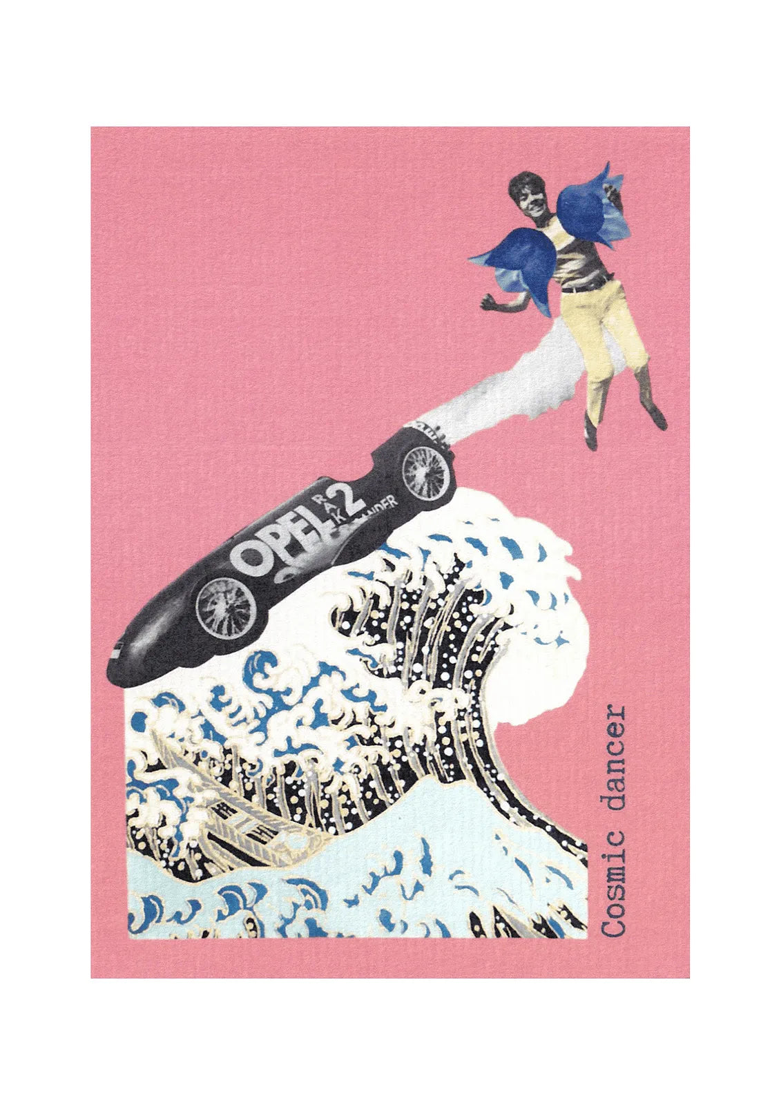 Carte postale vintage « Cosmic dancer » avec illustration collage rétro vague japonaise et voiture ancienne, idée cadeau originale.