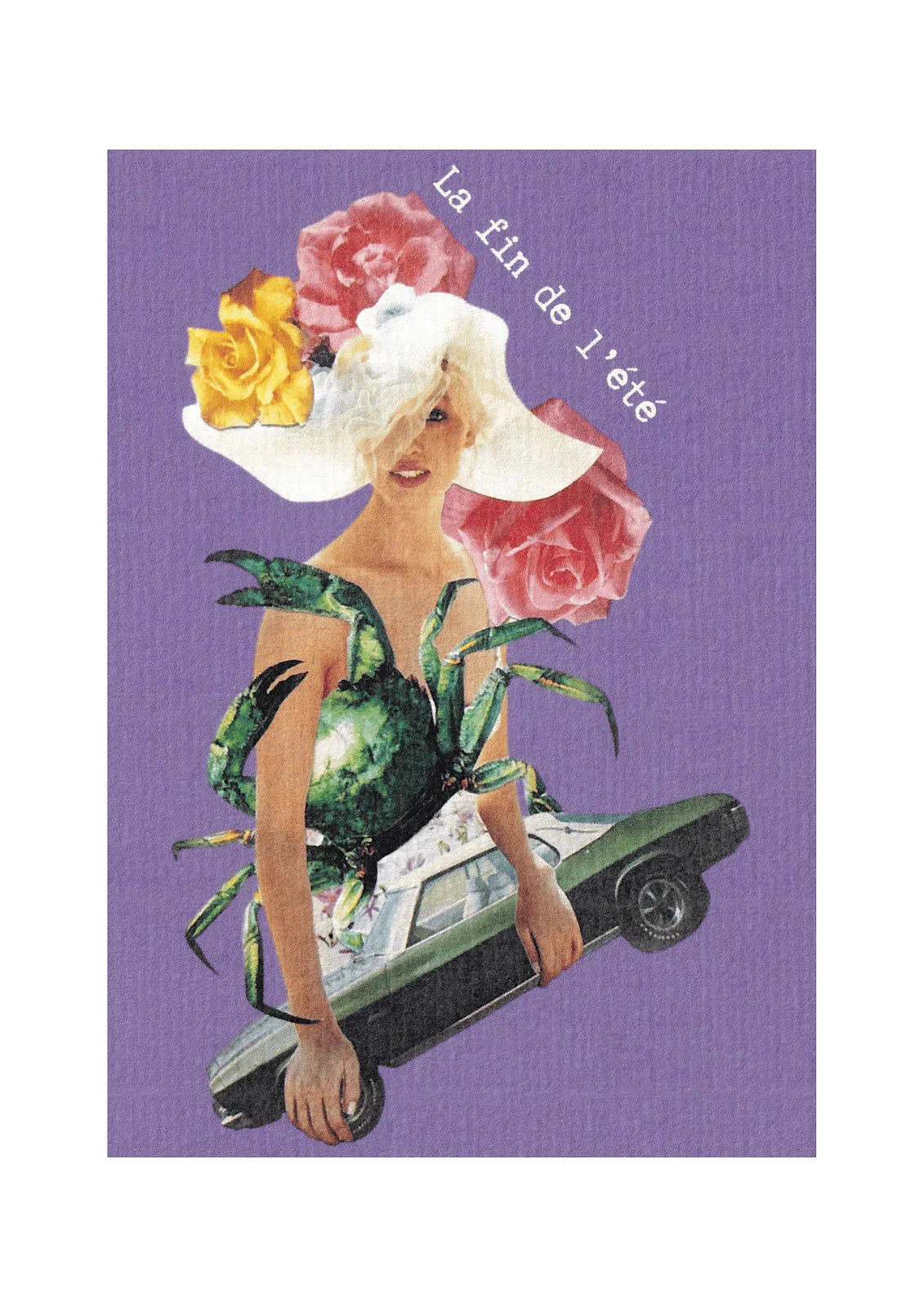 Carte postale rétro « La fin de l’été » fond violet avec femme fleurie et scène surréaliste, décoration murale artistique.