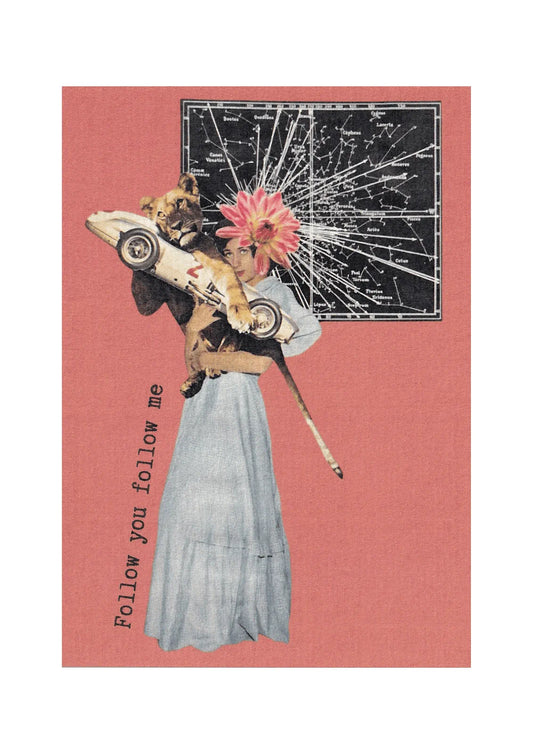 Affiche carte postale rétro « Follow you follow me » fond rose avec illustration vintage femme et scène poétique, idée cadeau inspirante.