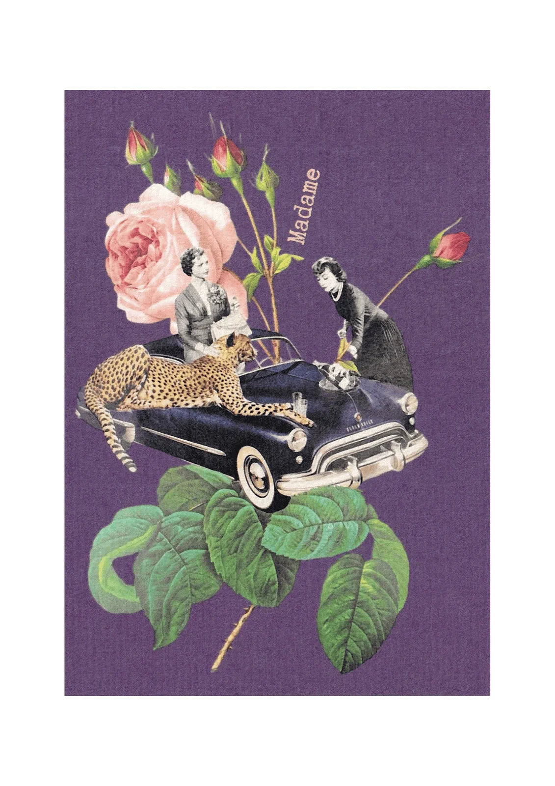 Affiche carte postale rétro « Madame » fond violet avec illustration vintage rose et scène poétique, idée cadeau élégante.