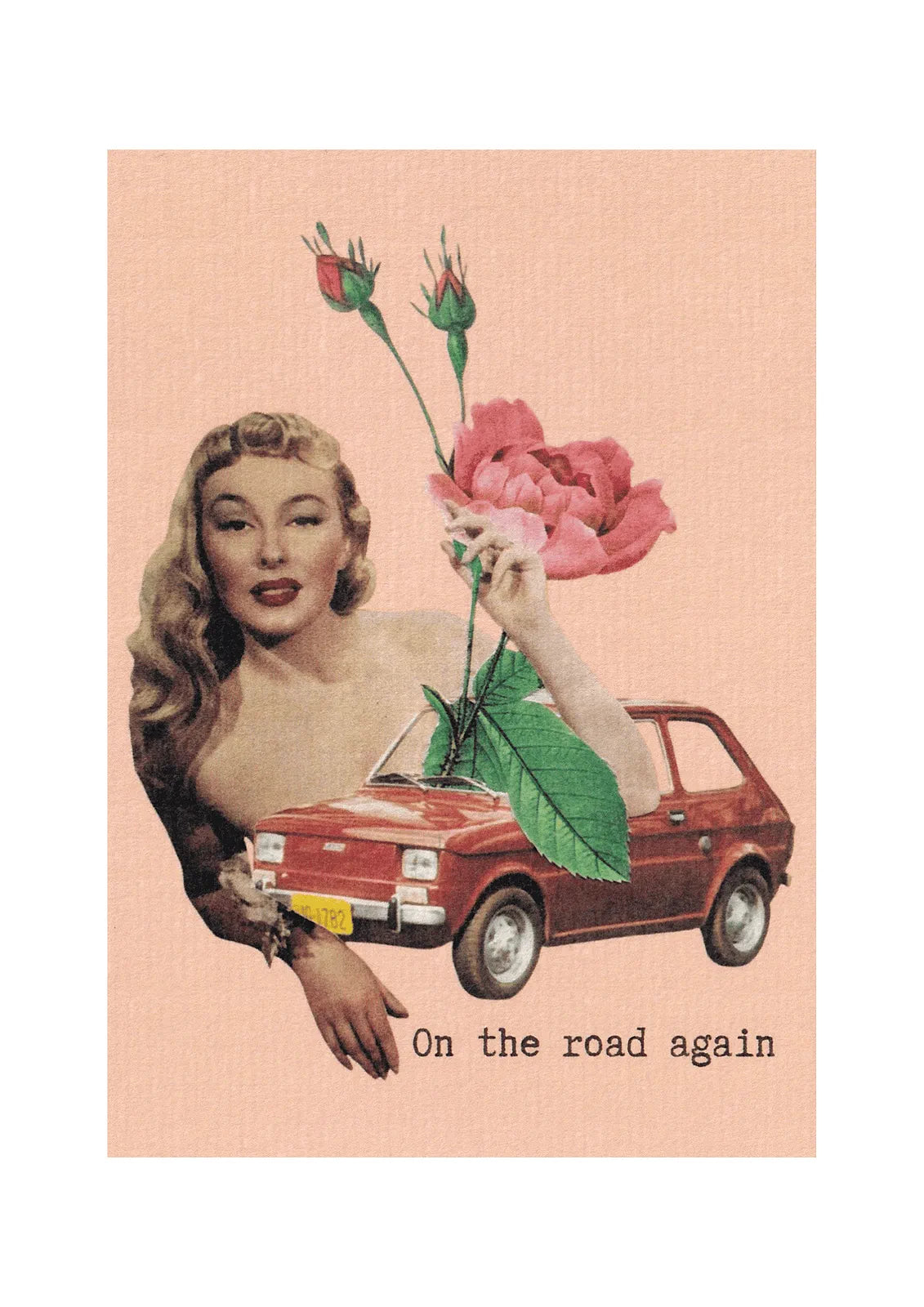 Carte postale rétro « On the road again » fond rose avec femme vintage et voiture rouge, décoration murale style rétro.