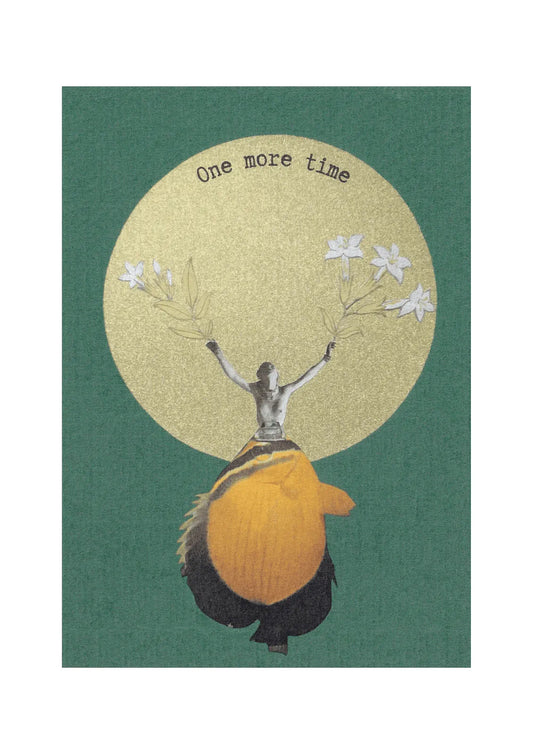 Affiche carte postale rétro « One more time » fond vert avec illustration vintage silhouette et fleurs blanches, décoration murale originale.