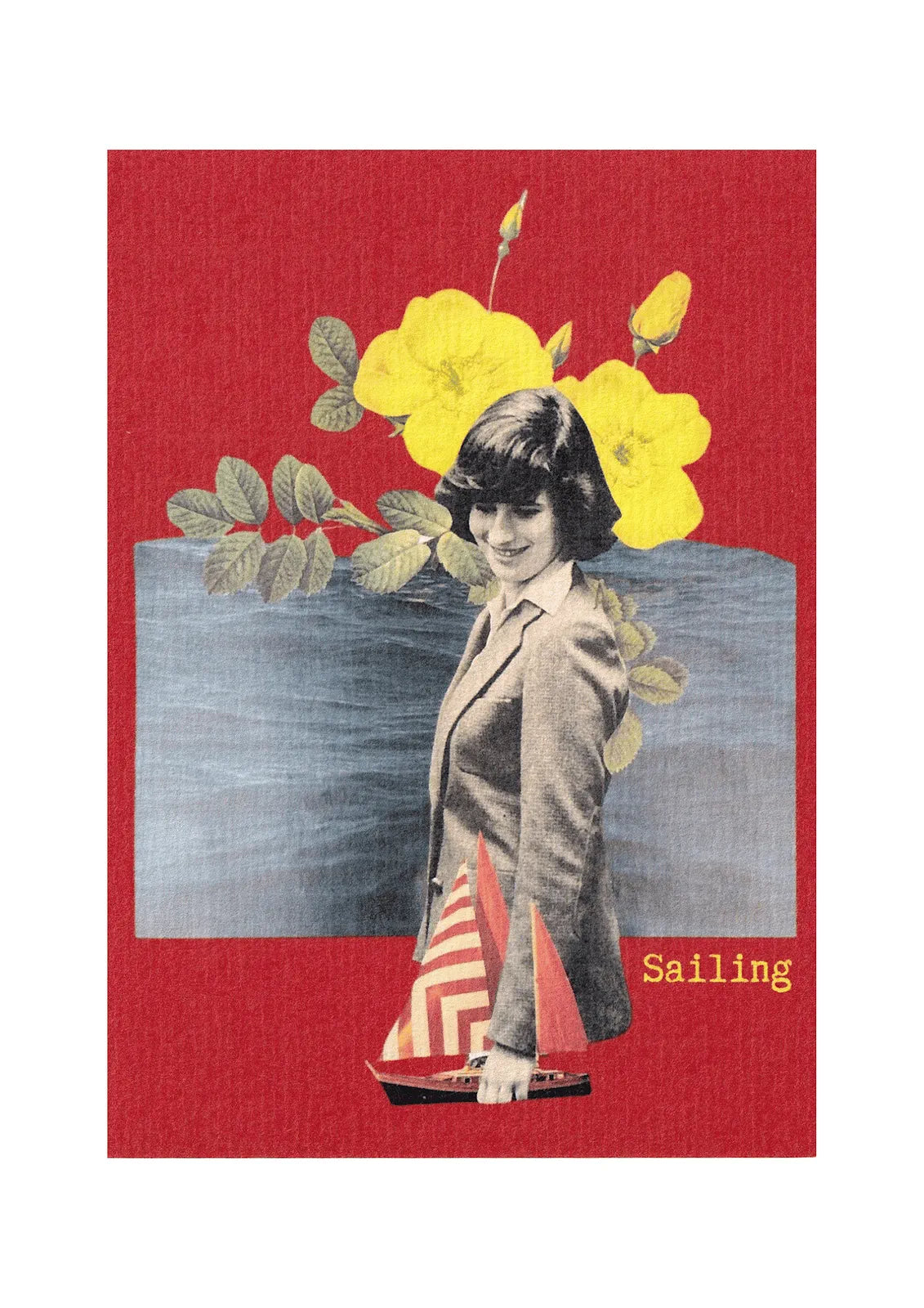 Affiche carte postale rétro « Sailing » fond rouge avec illustration vintage voilier et fleurs jaunes, idée cadeau inspirante.