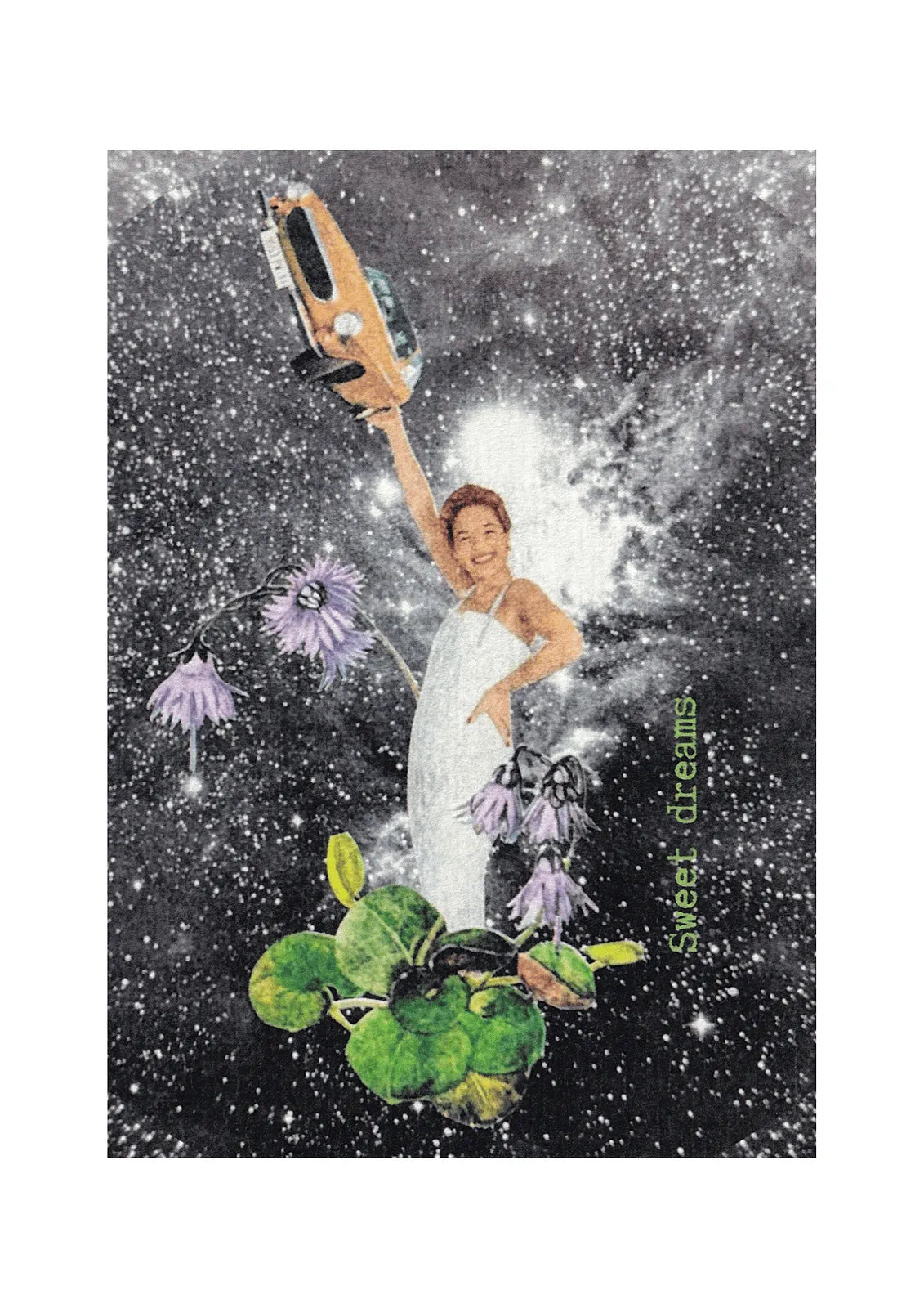 Affiche carte postale rétro « Sweet dreams » fond étoilé, illustration collage vintage pour idée cadeau inspirante.