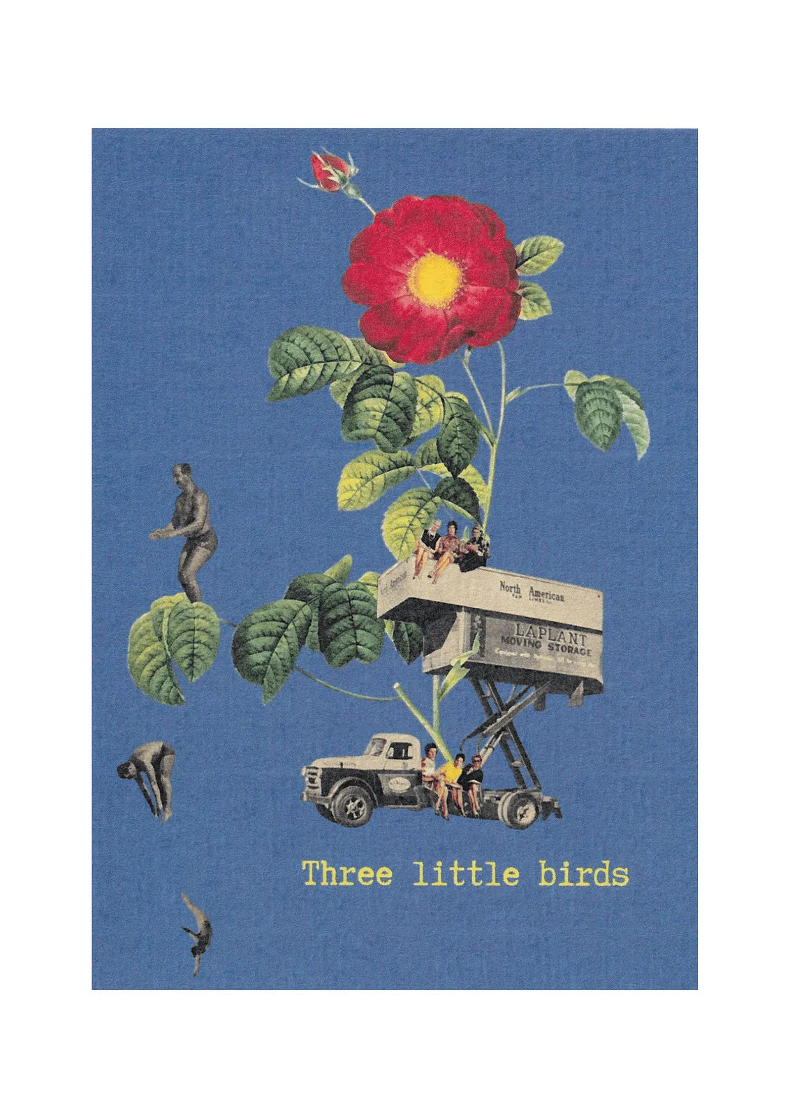 Affiche carte postale rétro « Three little birds » fond bleu avec illustration vintage fleur et scène poétique, idée cadeau inspirante.