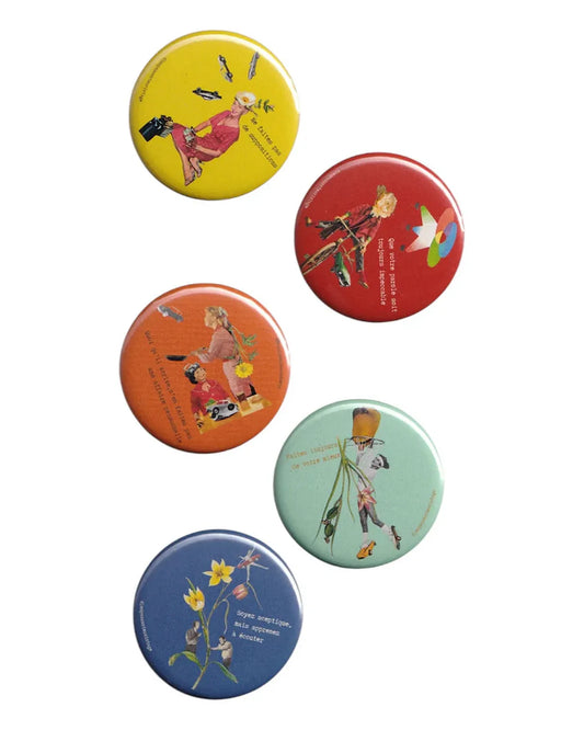 Lot de 5 badges ronds vintage inspirés des accords toltèques, accessoires illustrés rétro avec citations positives et développement personnel.