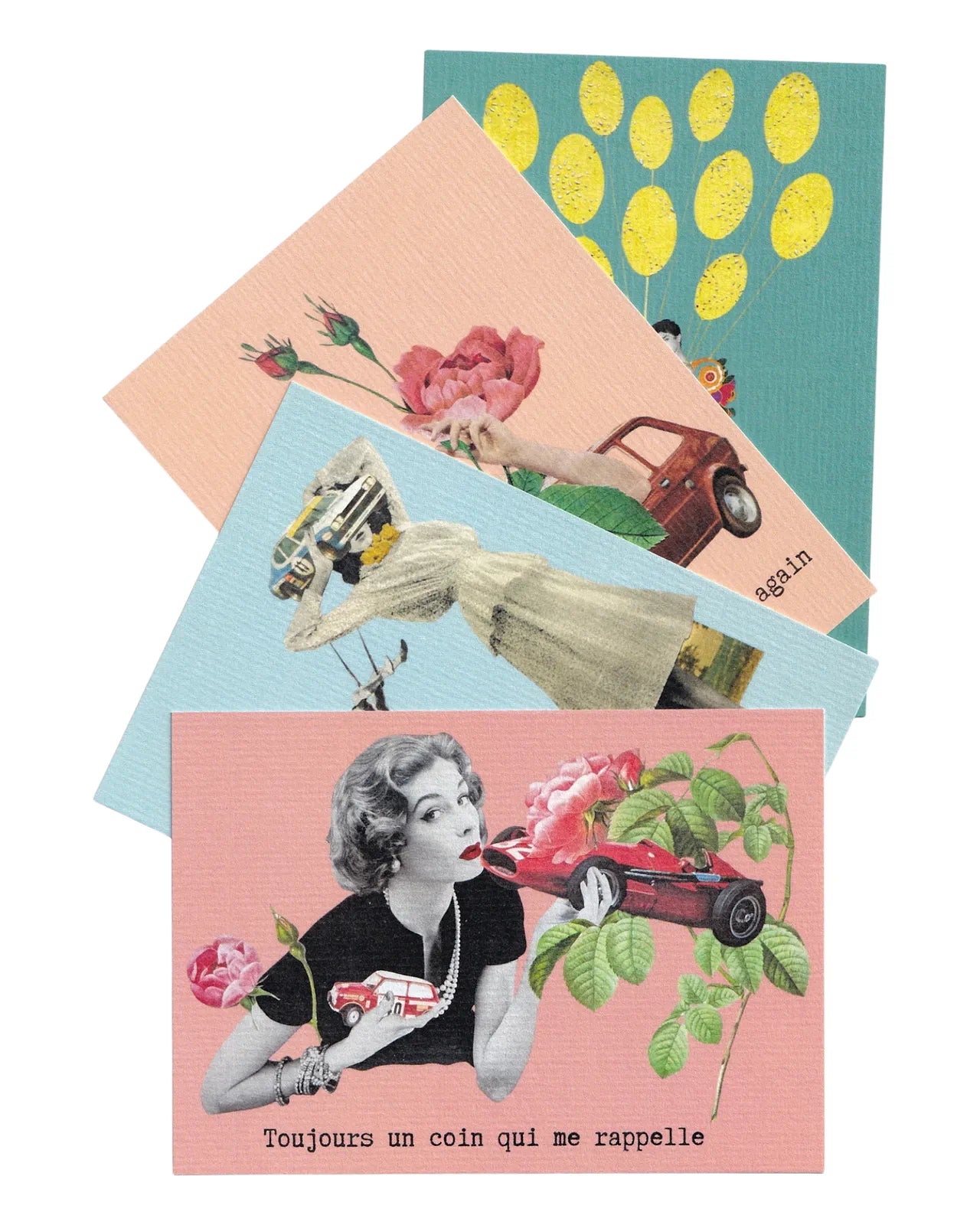 Compilation de cartes postales vintage On the road again, collages rétro colorés avec portraits féminins, fleurs anciennes et voitures, collection papeterie artistique thème voyage.