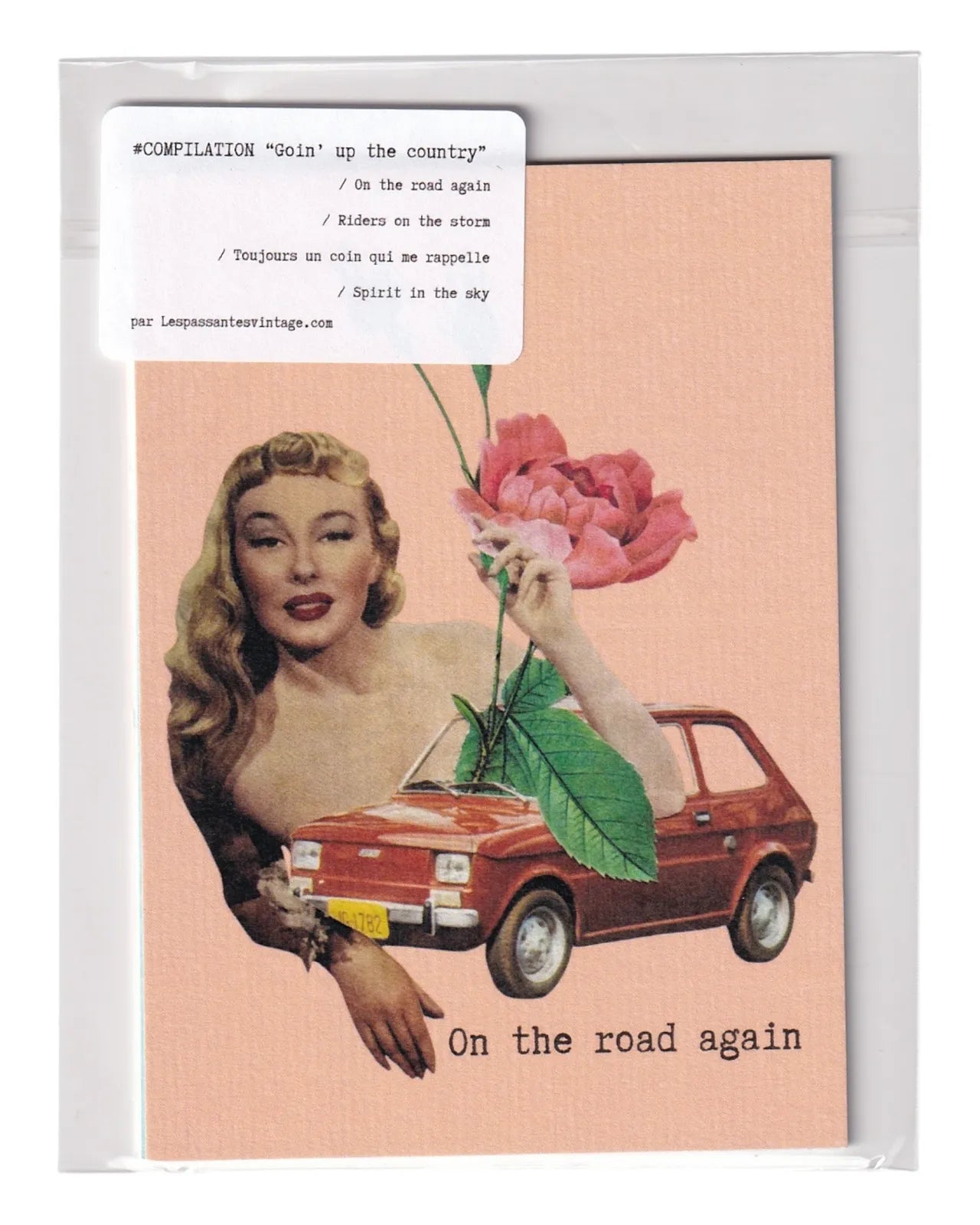 Compilation On the road again – lot de cartes postales vintage avec collages rétro femme, rose et voiture ancienne, papeterie créative thème road trip.