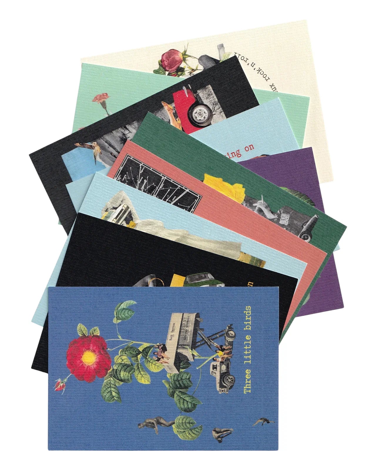 Compilation de cartes postales vintage Simply the Best avec collages rétro colorés, fleurs, voitures anciennes et illustrations inspirées de chansons cultes.
