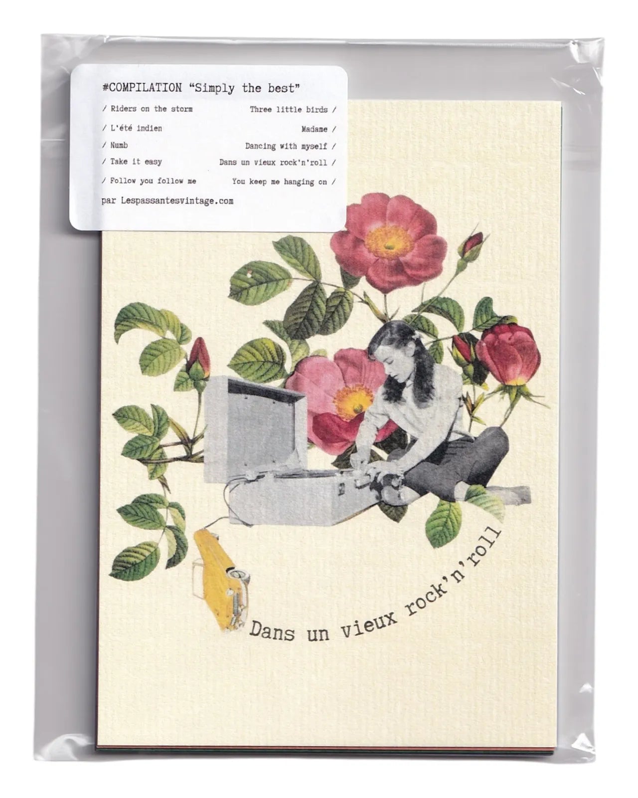 Pack de cartes postales vintage Simply the Best sous emballage, illustration collage rétro avec roses anciennes et scène musicale Dans un vieux rock’n’roll.