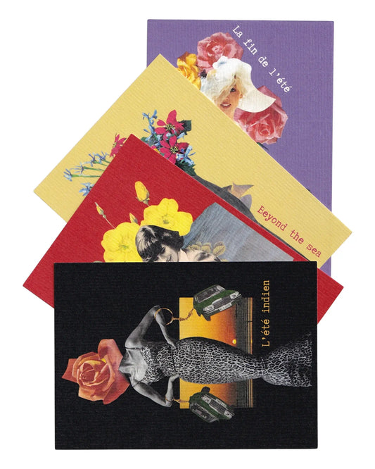 Compilation de cartes postales vintage Summertime avec collages rétro féminins, roses colorées et ambiance estivale, papeterie artistique inspirée de l’été indien.