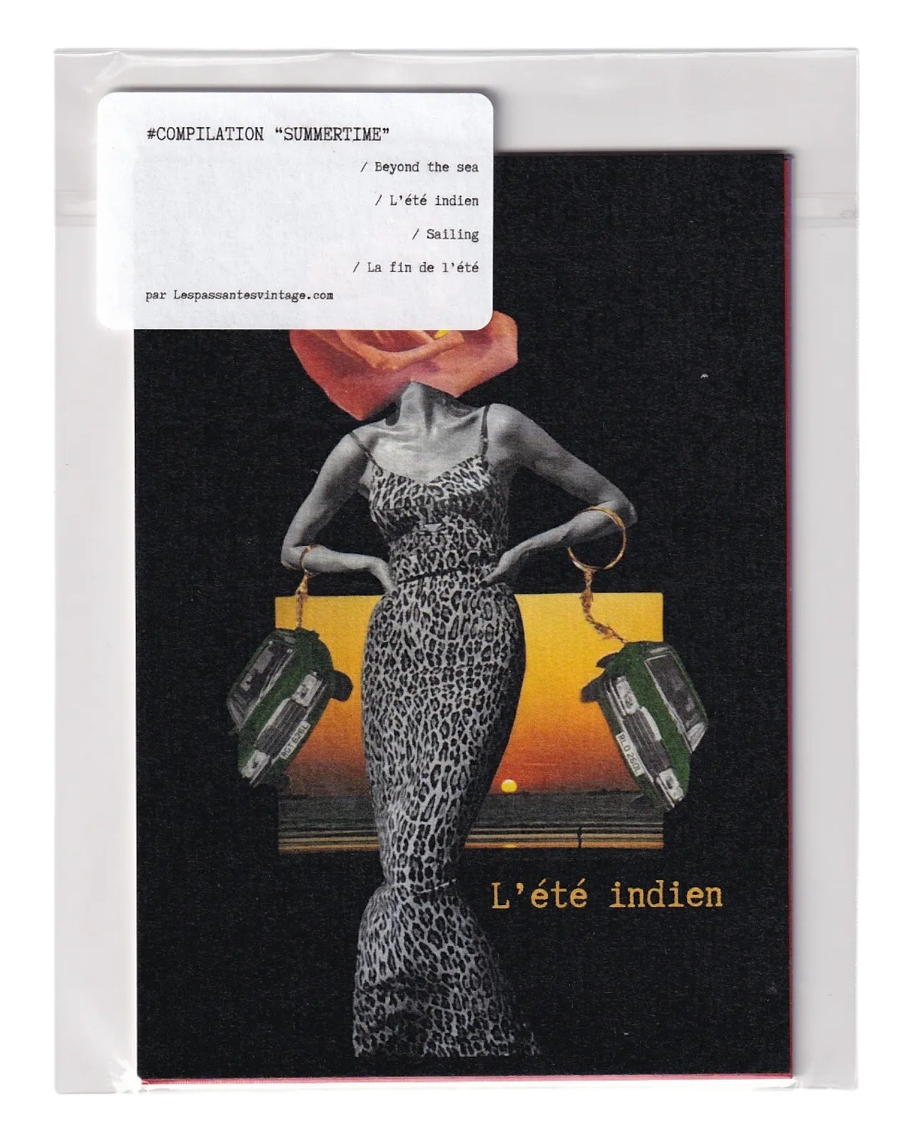 Compilation Summertime – lot de cartes postales vintage avec collages rétro femme et roses, ambiance été indien et coucher de soleil.