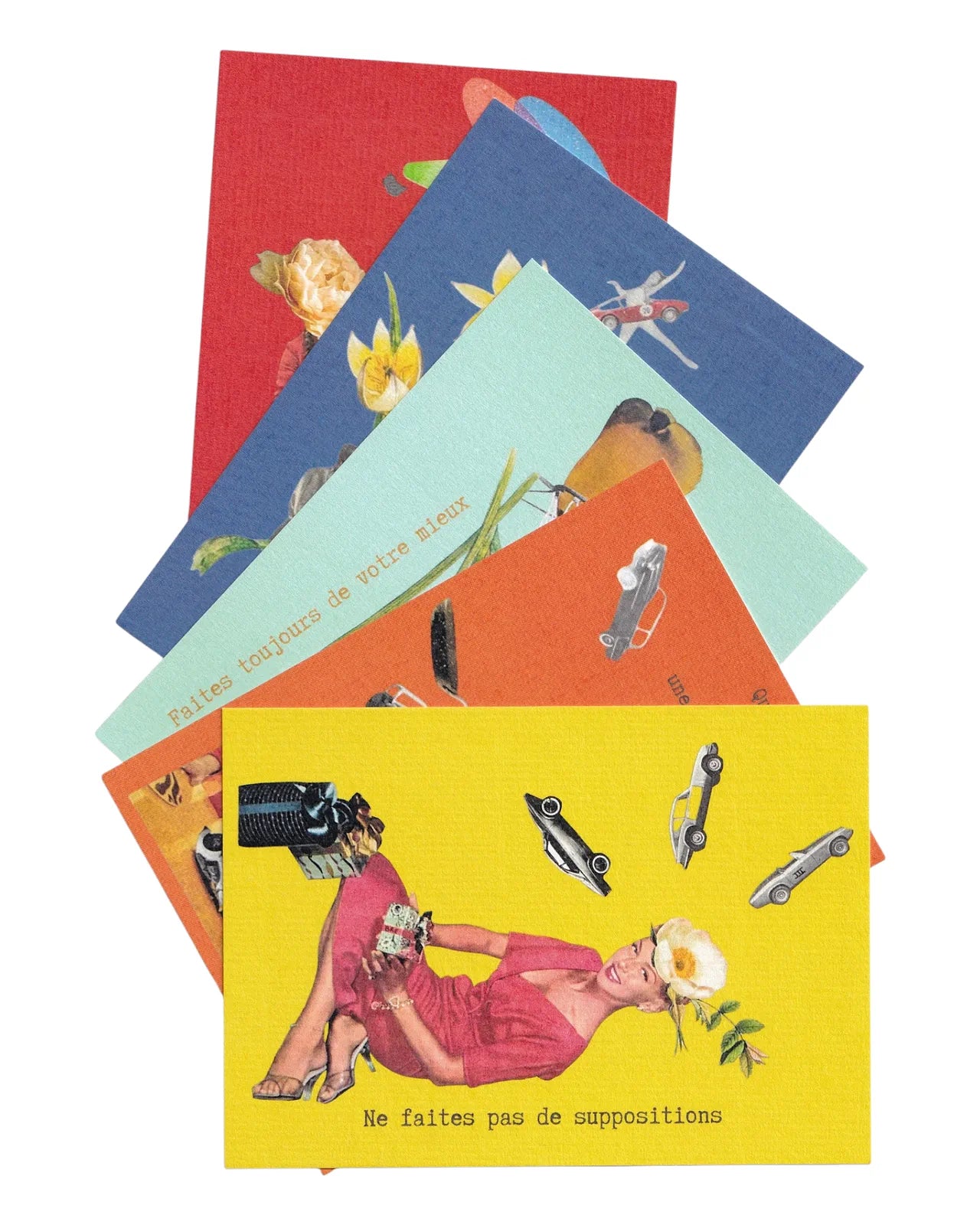 Compilation de cartes postales vintage inspirées des Accords toltèques, collages rétro colorés avec portraits féminins, voitures anciennes et messages de développement personnel.