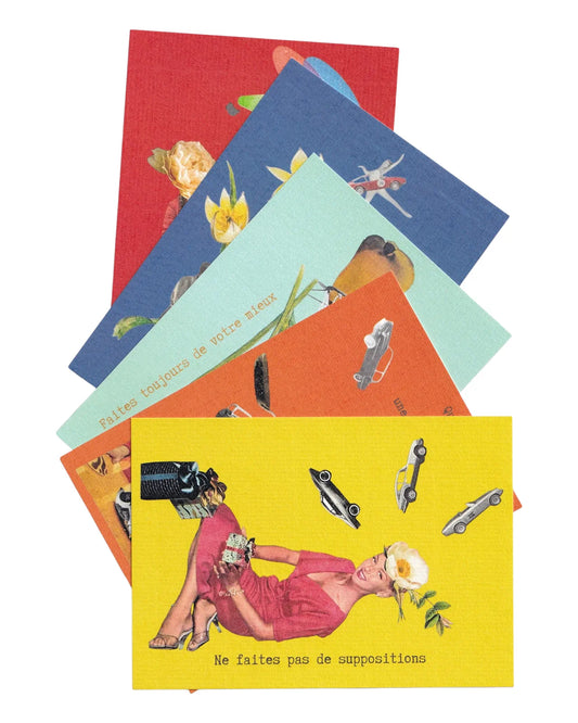 Compilation de cartes postales vintage inspirées des Accords toltèques, collages rétro colorés avec portraits féminins, voitures anciennes et messages de développement personnel.