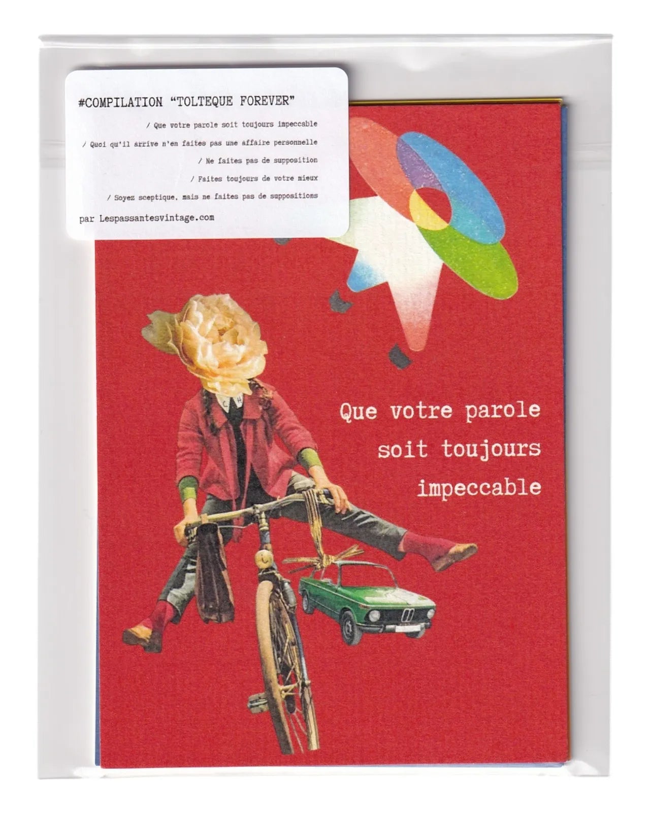 Compilation de cartes postales vintage inspirées des Accords toltèques, collages rétro colorés avec portraits féminins, voitures anciennes et messages de développement personnel.