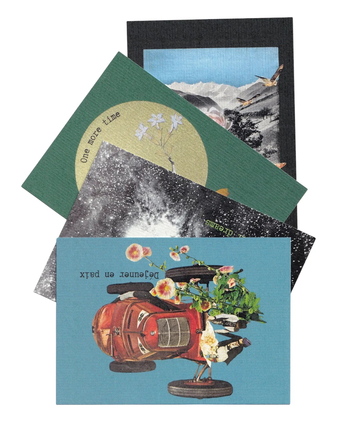 Compilation de cartes postales vintage A day in the life avec collages rétro poétiques, voiture ancienne fleurie, paysage de montagne et univers onirique.