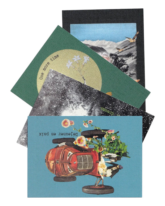 Compilation de cartes postales vintage A day in the life avec collages rétro poétiques, voiture ancienne fleurie, paysage de montagne et univers onirique.