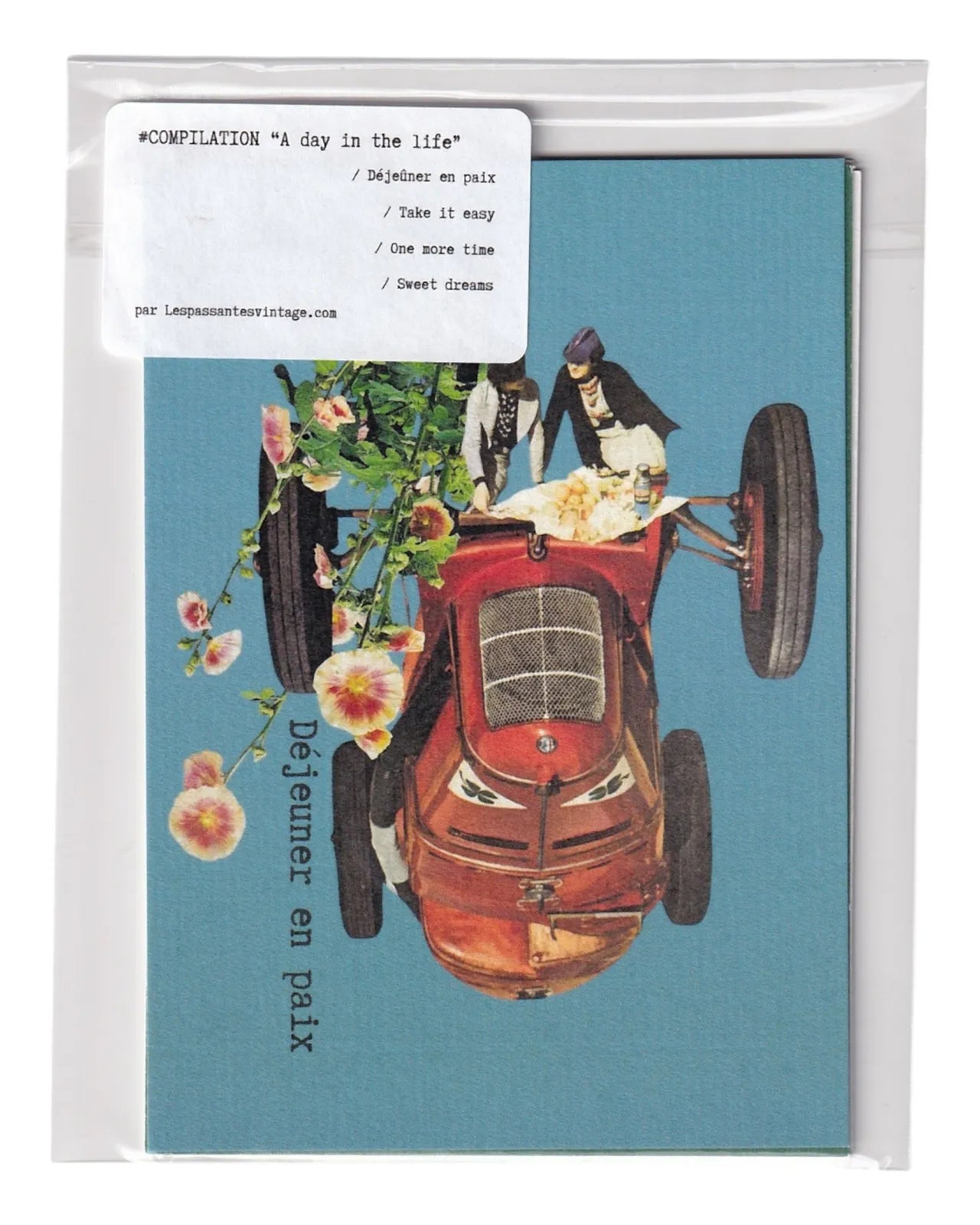 Compilation A day in the life – lot de cartes postales vintage avec collage rétro voiture ancienne et fleurs, papeterie créative thème quotidien poétique.