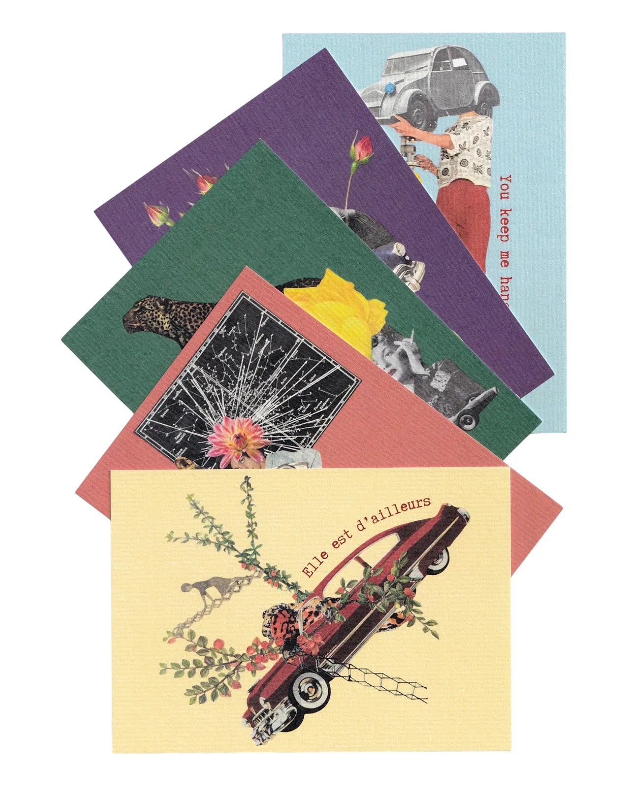 Compilation de cartes postales vintage Love story avec collages rétro romantiques, roses, voiture ancienne et portraits féminins, papeterie artistique thème amour.