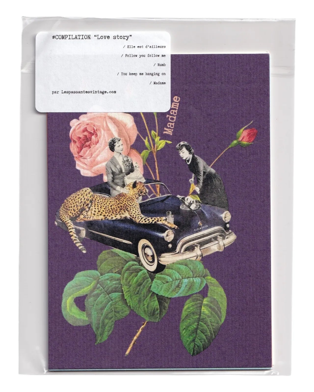 Compilation Love story – lot de cartes postales vintage avec collages rétro femme, voiture ancienne et fleurs, papeterie créative thème romance.