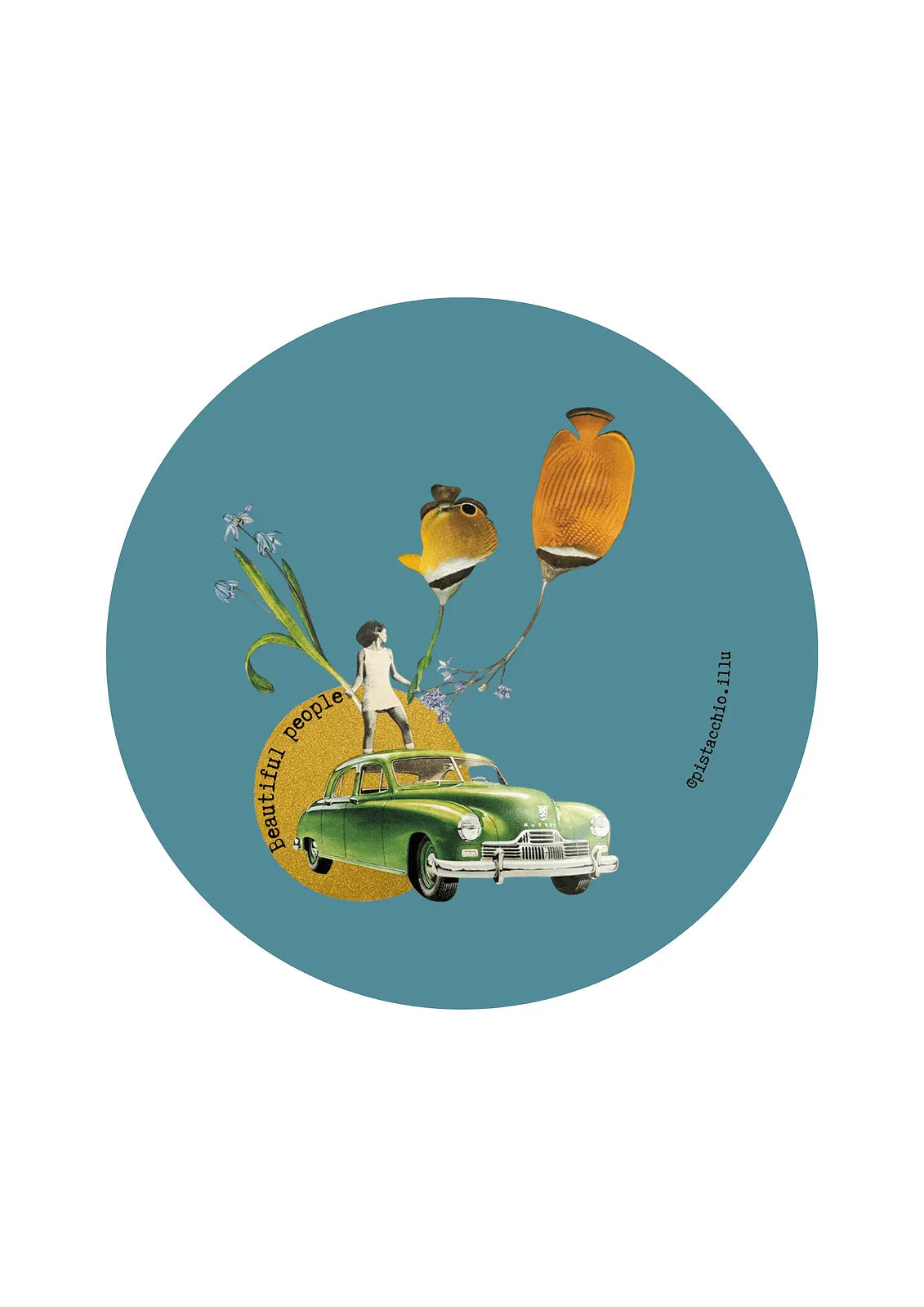 illu rond collage vintage Beautiful People avec voiture ancienne verte et personnage miniature, illustration rétro artistique
