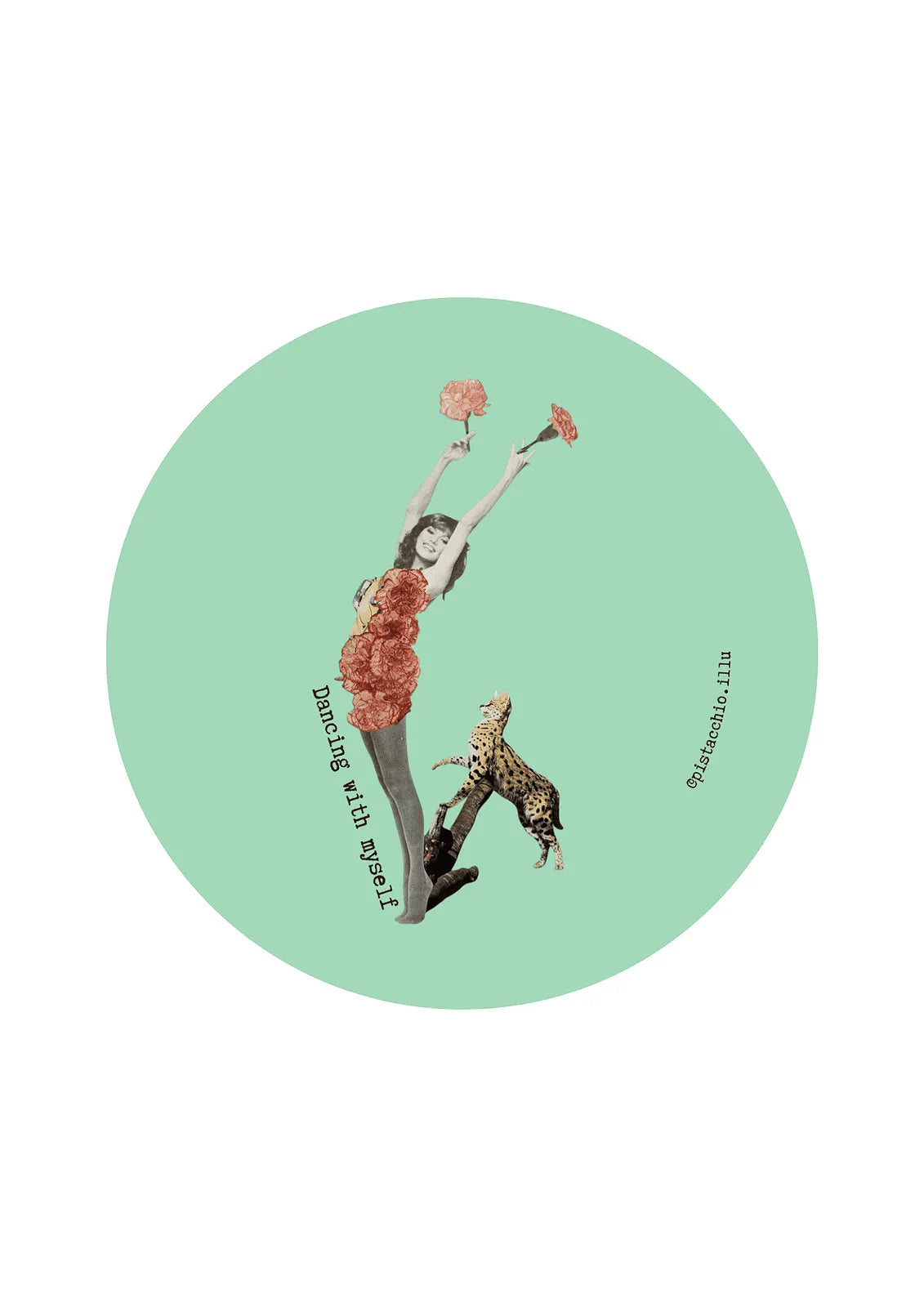 Illu rond collage vintage Dancing with myself avec femme en mouvement, fleurs rouges et fond vert menthe
