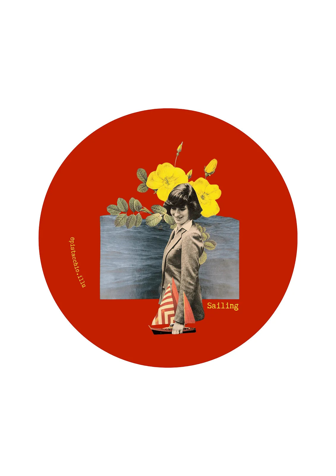 Illu vintage rouge "Sailing" illustration collage femme rétro avec fleurs jaunes et voilier, magnet rond décoration originale style artistique