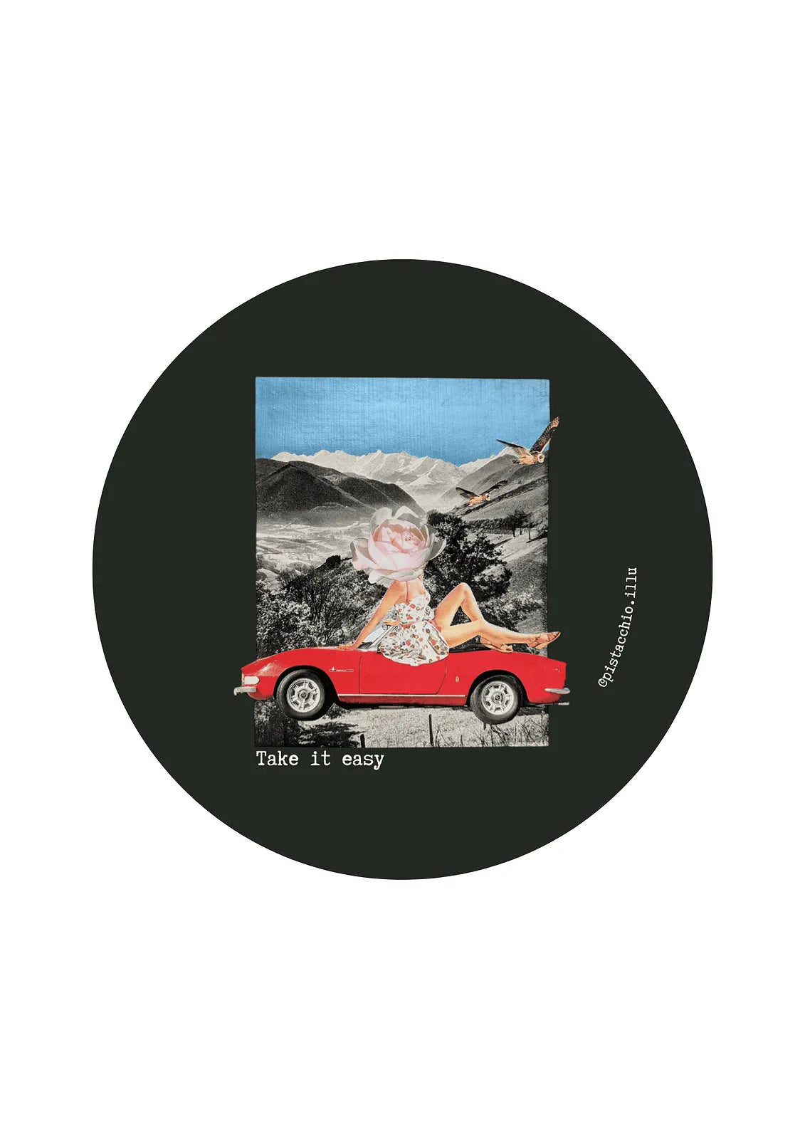 Illu vintage noir "Take it easy" illustration collage femme fleur assise sur voiture rouge paysage montagne, rond rétro décoration originale