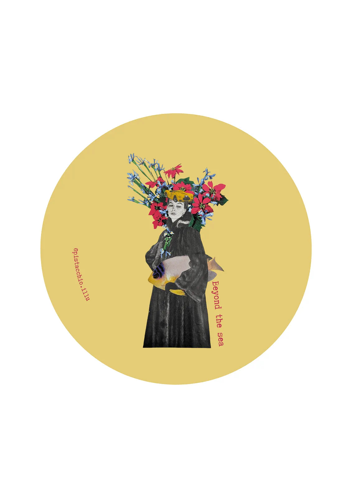 Illu rond collage vintage Beyond the Sea avec femme rétro portant un bouquet de fleurs colorées, illustration artistique