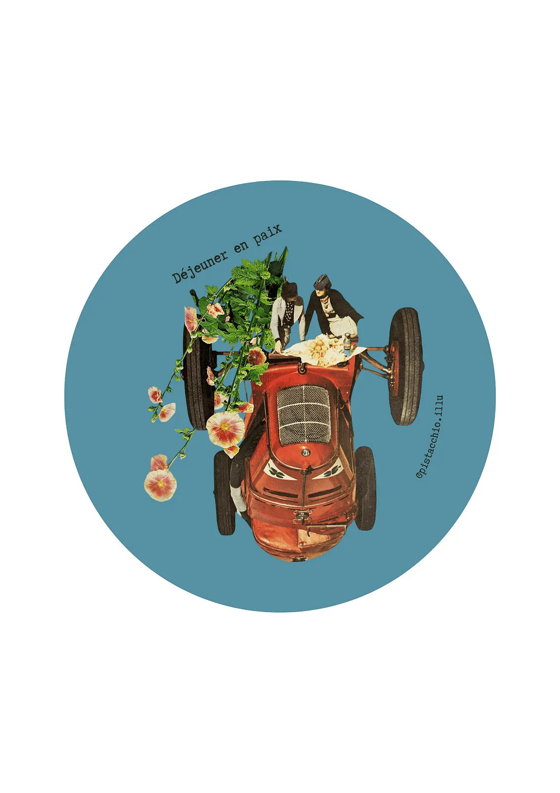 Illu rond vintage Pistacchio.illu Déjeuner en paix – illustration voiture rouge rétro et fleurs, style collage poétique