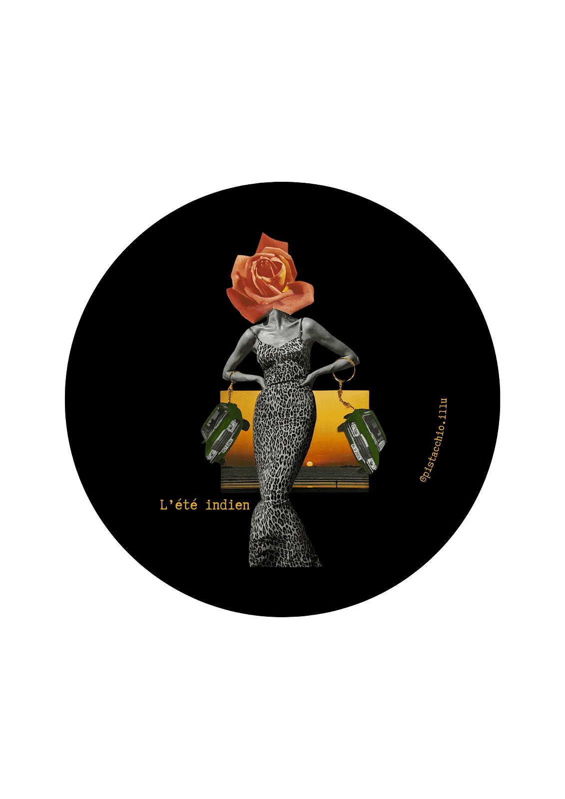 Illu vintage illustration femme robe léopard tête fleur rose devant coucher de soleil, citation « L’été indien », accessoire rétro artistique