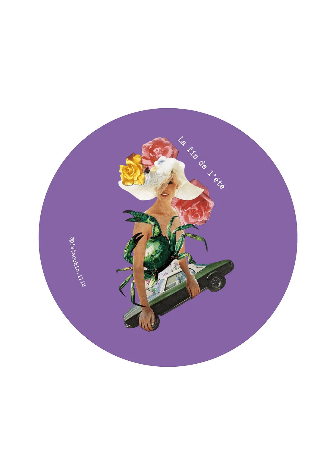Illu vintage illustration femme élégante chapeau blanc fleurs roses et jaunes sur fond violet, voiture rétro, citation « La fin de l’été », accessoire artistique
