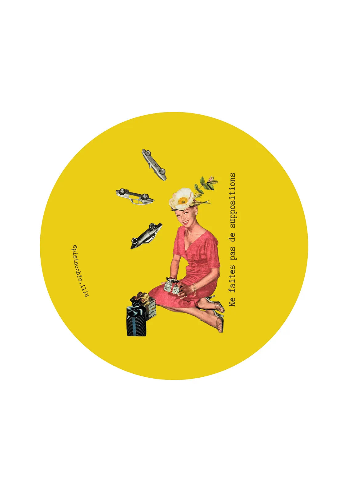 Illu vintage citation “Ne faites pas de suppositions” – illustration rétro femme années 50 fond jaune, accord toltèque