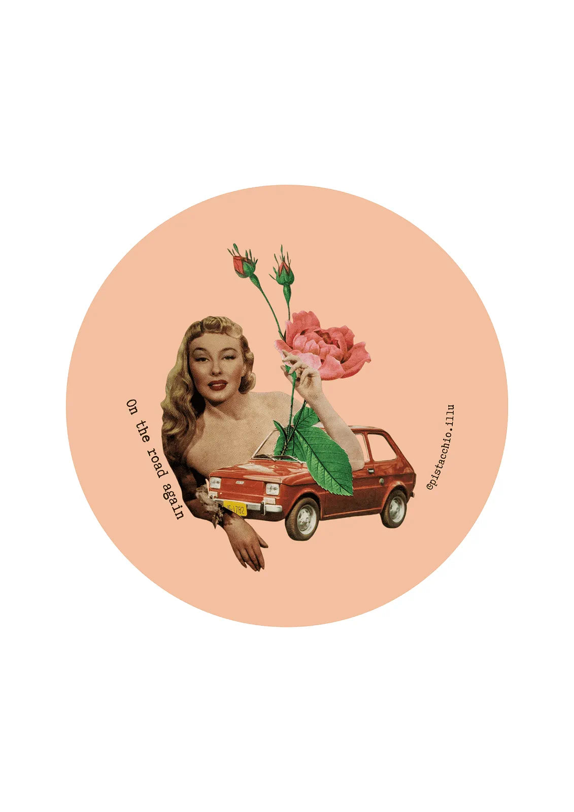 Illu vintage On the road again avec femme rétro, voiture ancienne rouge et fleur rose sur fond rose