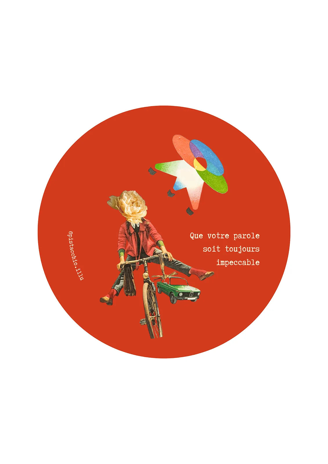 Illu rouge accord toltèque "Que votre parole soit toujours impeccable" avec illustration collage poétique personnage à vélo et avion coloré, magnet rond vintage original