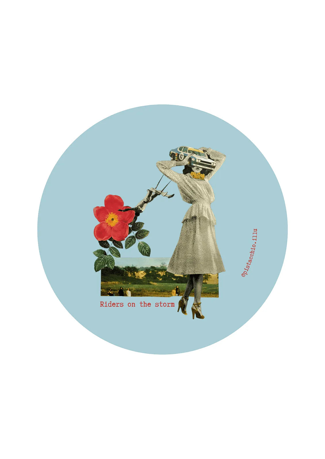 Illu vintage bleu "Riders on the storm" illustration collage femme en robe tenant une grande fleur rouge, magnet rond rétro décoration originale