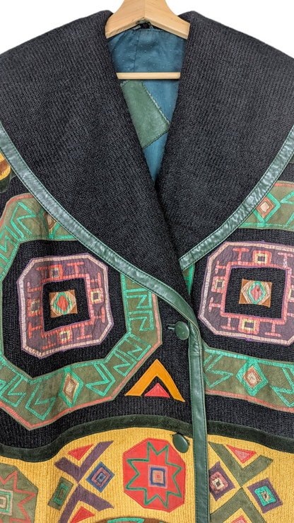 Veste cuir aux motifs inca 90s