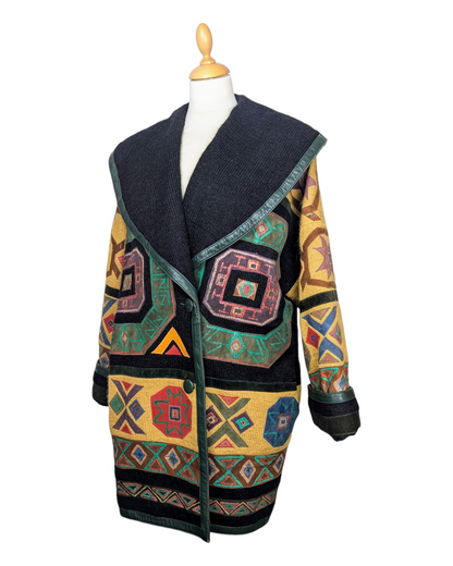 Veste cuir aux motifs inca 90s