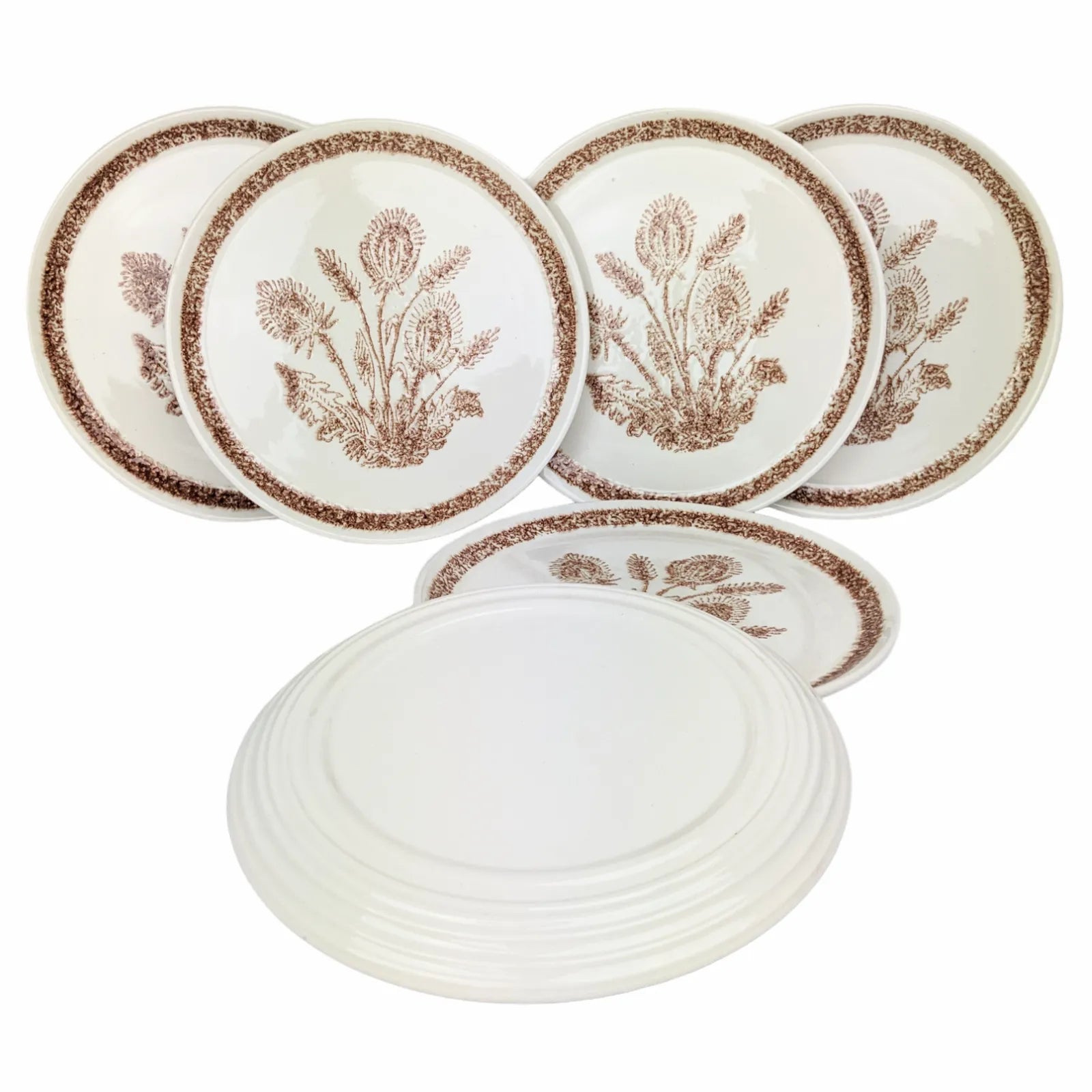 Ensemble d’assiettes vintage en faïence décor chardon brun sur fond crème