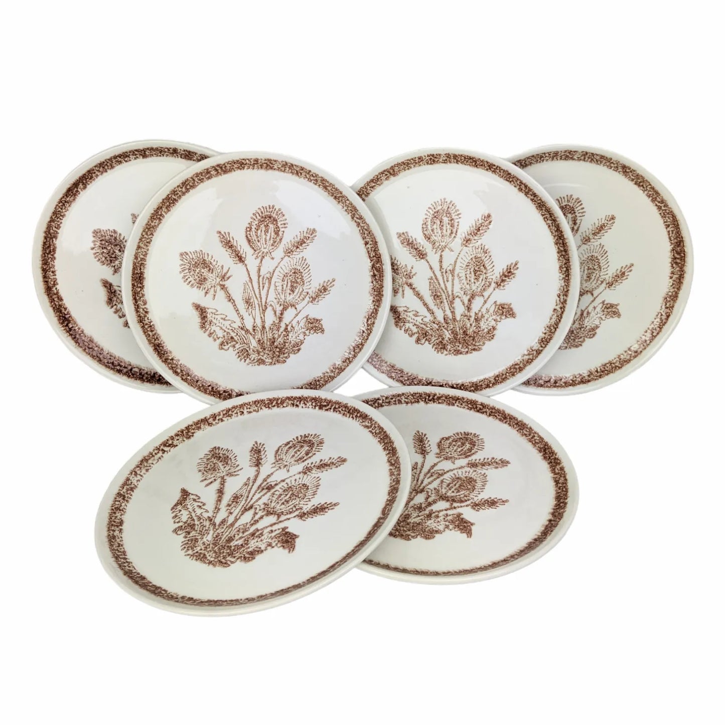 Lot d’assiettes vintage en faïence blanche à motif floral chardon brun, style campagne rustique
