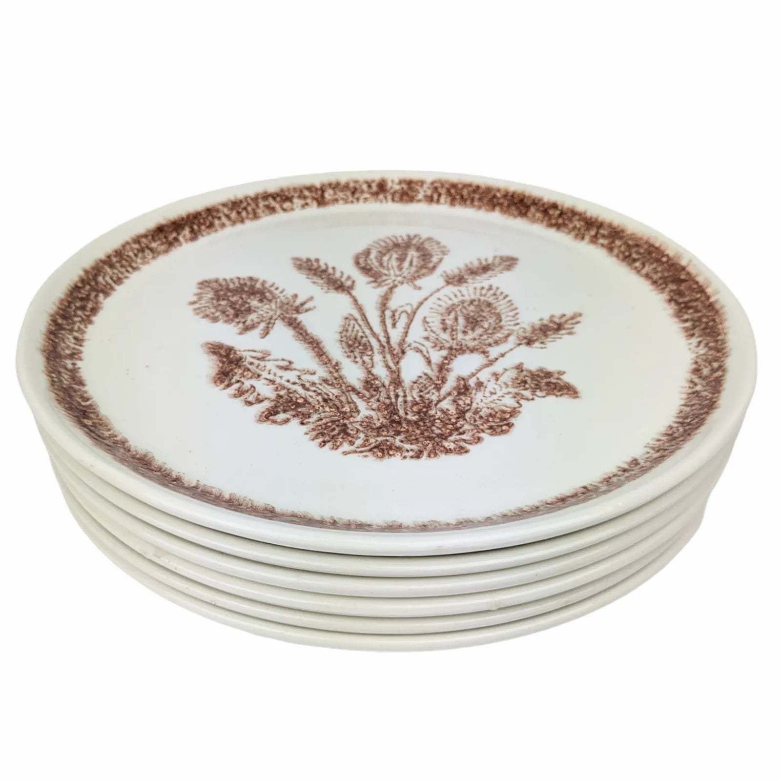 Pile d’assiettes vintage en faïence blanche avec motif botanique chardon brun