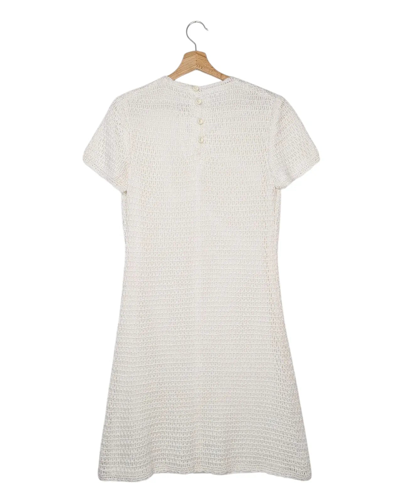 Robe de mariée vintage années 60 blanche en crochet coupe droite manches courtes