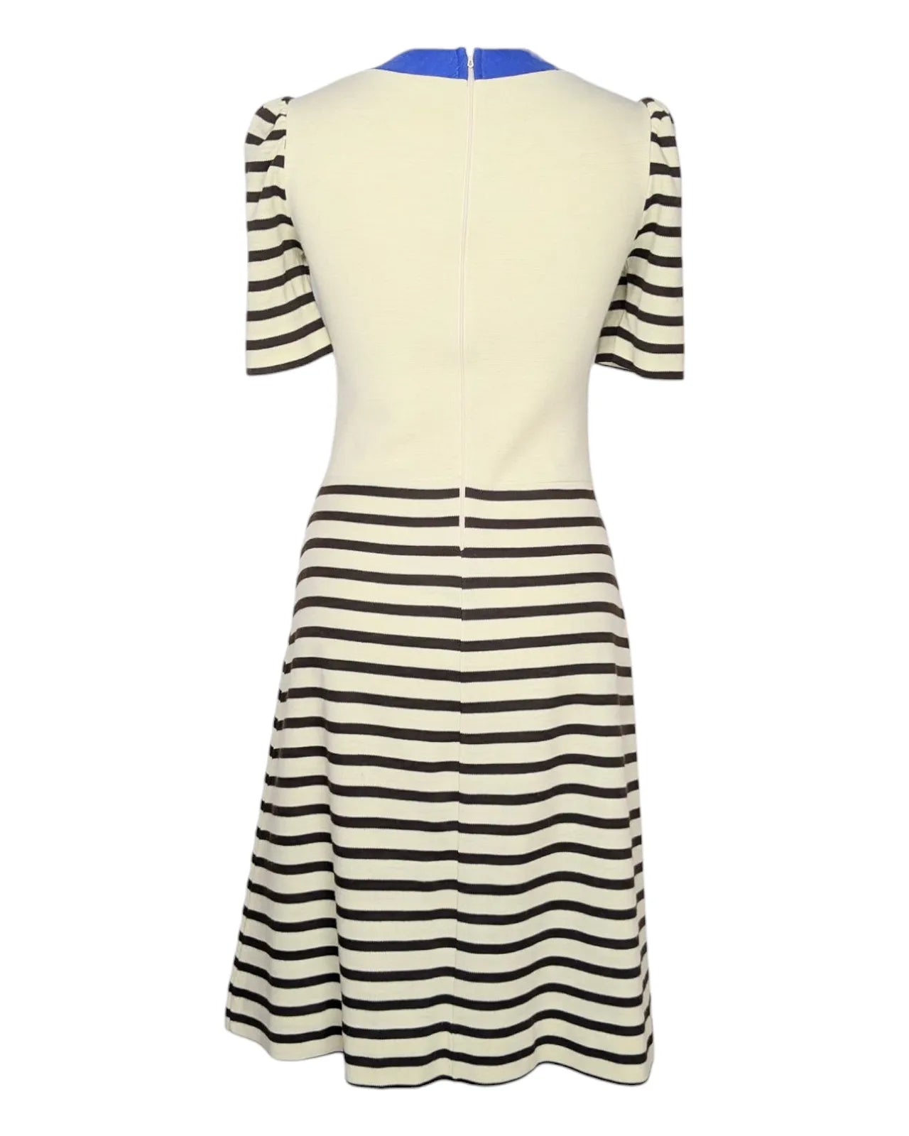 Robe vintage années 60 rayée marron et beige avec encolure bleue et manches courtes